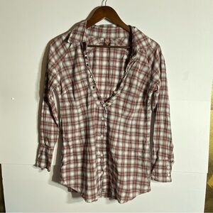 Free People Red, Black & White Plaid  Blouse With Stud Embellishments